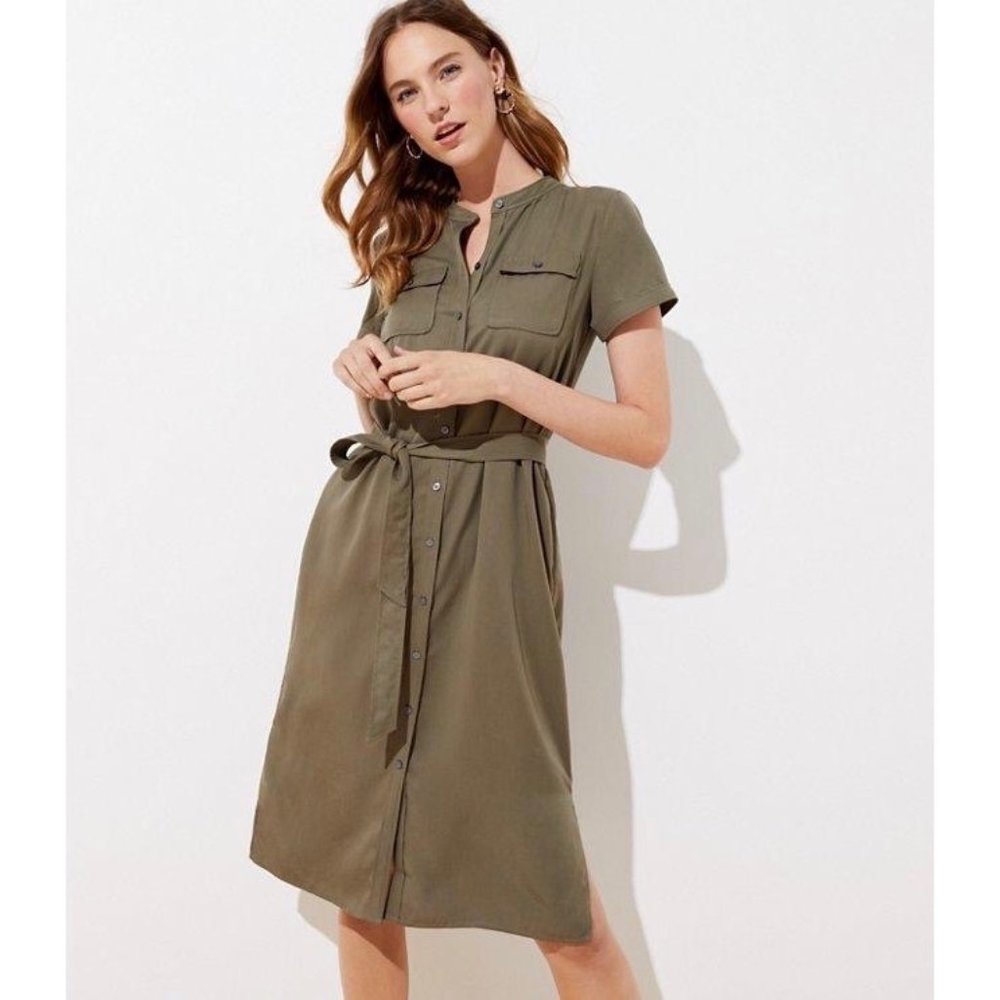 Loft Drapey Utility Shirtdress in Dark Army Green